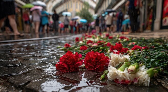 Rainy Day Memorial - Flowers on Wet Cobblestone Street with Blurred Pedestrians.