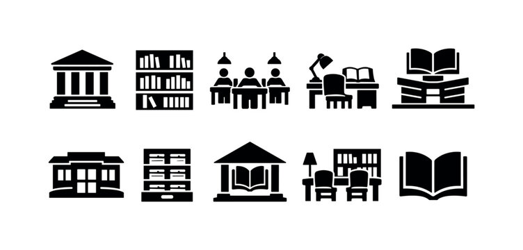 Collection of library and education icons representing buildings, books, and study areas