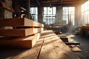 Fototapeta premium Sunlight Streams Through Old Workshop Illuminating Stacked Lumber.