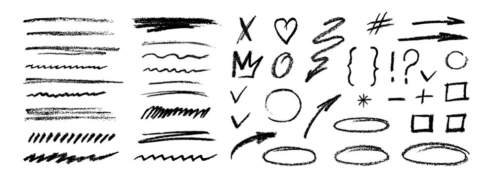 Crayon scribble line with hand drawn chalk, pencil, pen and charcoal texture. Doodle with highlight brush stroke and circle mark. Vector check crayon with sketch squiggle line.