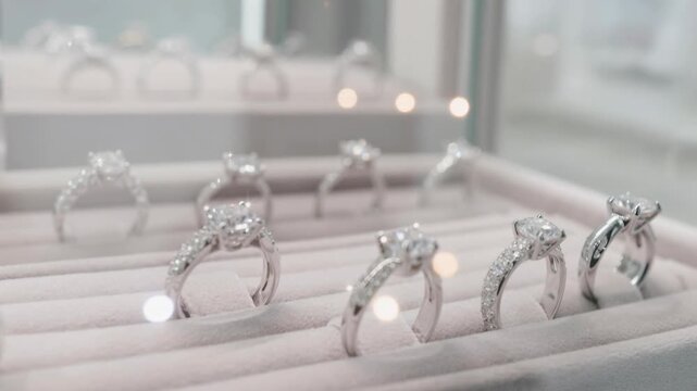 Elegant diamond engagement rings displayed in a jewelry store with sparkling gemstones and silver bands