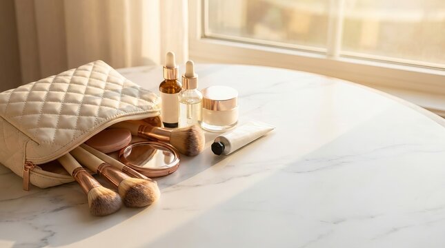 Beauty products and makeup brushes on marble table by the window  