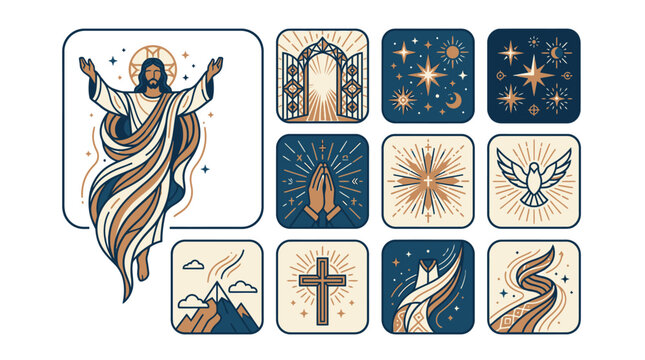 The messianic figure of Jesus Christ rises with symbolic icons around him