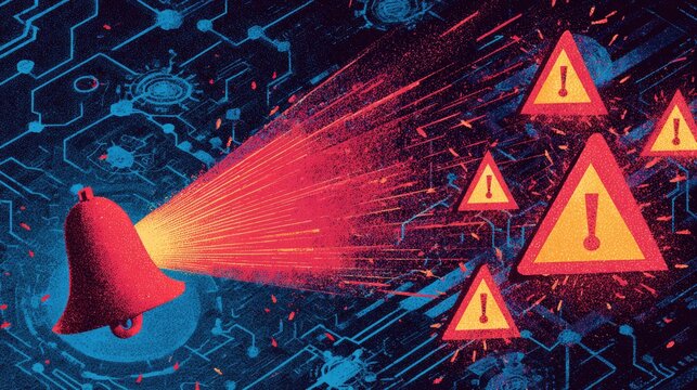 Red alarm bell emitting bright red energy toward warning signs