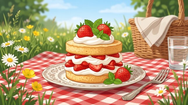 Delightful strawberry shortcake illustration, a sweet summer dessert for a picnic, served on a red and white checkered blanket, with a charming wicker basket and wildflowers in a sunny meadow.