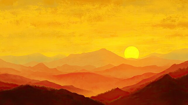 Vivid orange sunset over layered, silhouetted mountain ranges