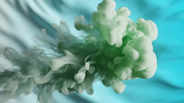 Abstract ethereal green and turquoise liquid smoke unfurling gracefully in fluid motion, creating dynamic wisps and artistic cloud formations, evoking a sense of flowing energy and vibrant