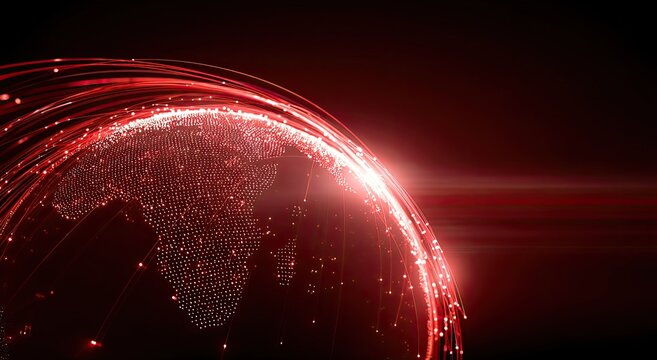 Digital globe with glowing red light trails, hinting at global connectivity