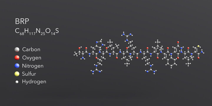 brp molecule 3d rendering, flat molecular structure with chemical formula and atoms color coding