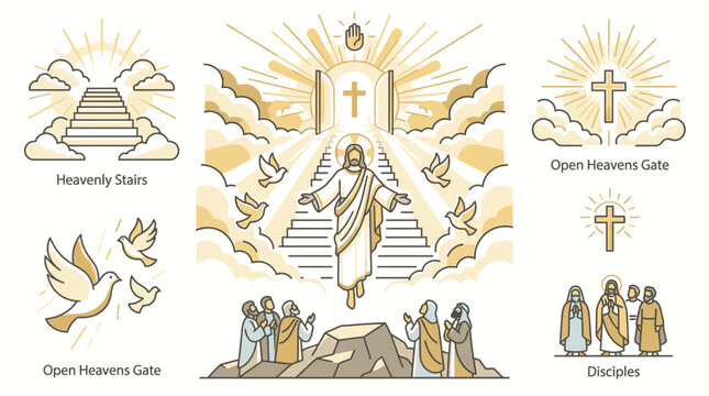 Jesus Christ descends from the Heavenly Stairs to meet Disciples near an Open Heaven Gate on a mountain.