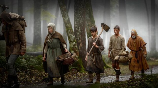 Medieval peasants walking through foggy forest carrying tools and supplies in historical rustic clothing