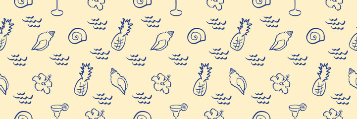 Obraz premium Amalfi Coast Summer Doodle Seamless Pattern With Pineapple, Surfboards, Hibiscus Flowers and Cocktails. Vector illustration