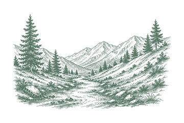 Fototapeta premium Majestic mountain valley vector illustration in vintage etching style with a winding stream, pine trees, and jagged peaks in the distance.
