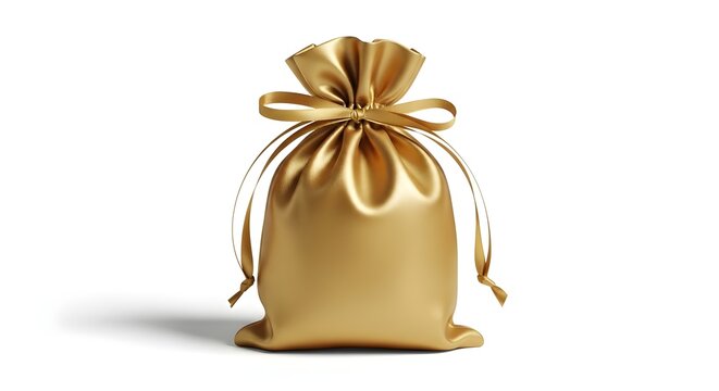 Golden drawstring pouch isolated on white background, luxury gift bag, close-up product packaging, studio lighting, minimalist style