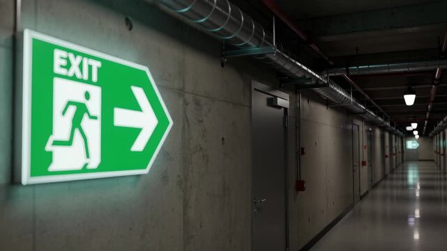 Illuminated green exit sign in modern industrial corridor for emergency evacuation safety