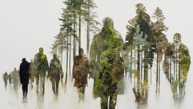 Double Exposure of Soldiers Merged with Forest Landscape.
