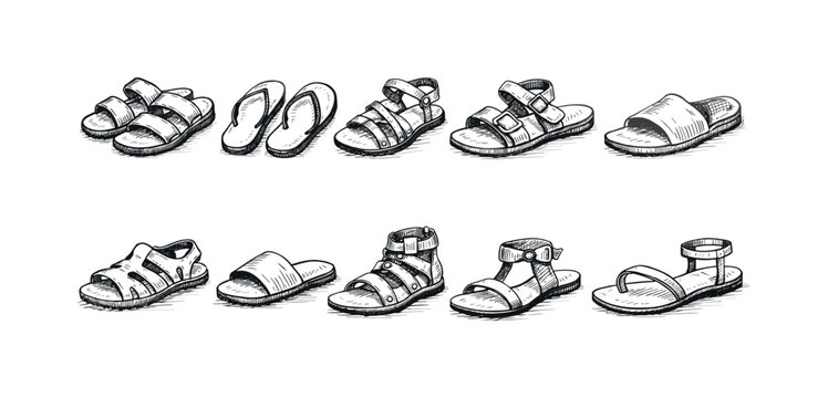 Collection of hand-drawn sandals and flip-flops for summer footwear