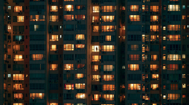 An apartment building at night, hundreds of lit windows, single silhouette visible in one window standing alone, urban loneliness