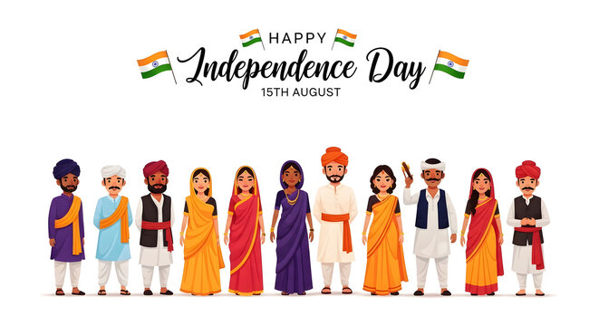 India 15 august independence day diverse people illustration with national flags