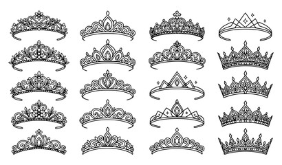 Collection of 16 black and white crown and tiara illustrations © vector design 