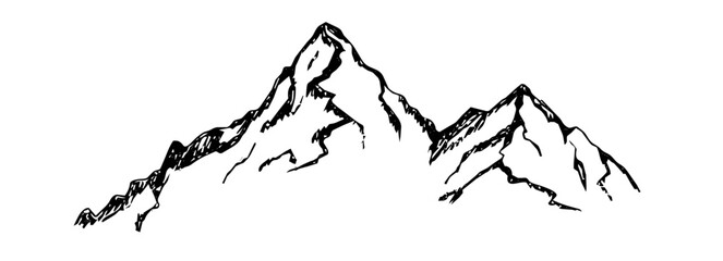 Fototapeta premium Doodle sketch style of mountain set. Landscape hand drawn. Rocky hills, ranges. Expedition or adventure vintage illustration.