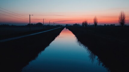 Fototapeta premium Peaceful Waterway Reflects the Soft Colors of Dawn During Golden Hour Lighting in a Natural Landscape