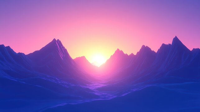Vibrant sunrise illuminates majestic mountain peaks and deep valleys with a stunning gradient of pink and purple hues.