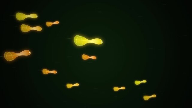 Abstract glowing yellow cells floating in a dark microscopic environment