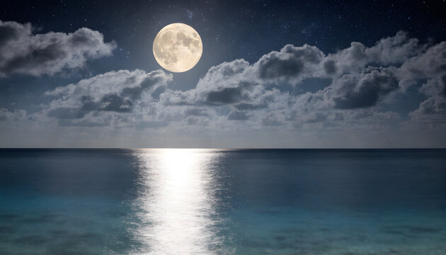 A serene nighttime seascape with a full moon shining brightly in the dark sky with clouds and stars over calm ocean waters reflecting the moonlight
