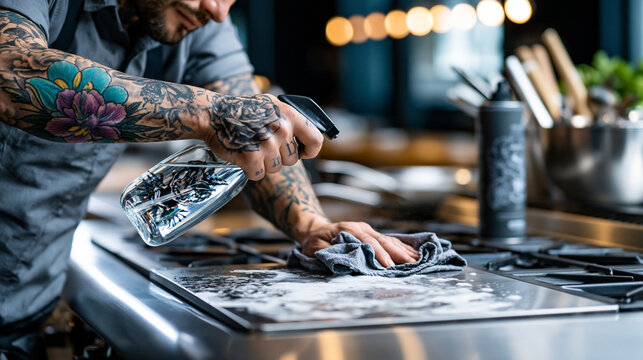 Male chef cleaning kitchen countertop with spray and cloth  