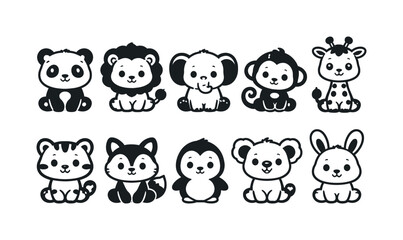 Fototapeta premium Cute cartoon animals collection: panda, lion, elephant, monkey, giraffe, tiger, fox, penguin, koala, rabbit