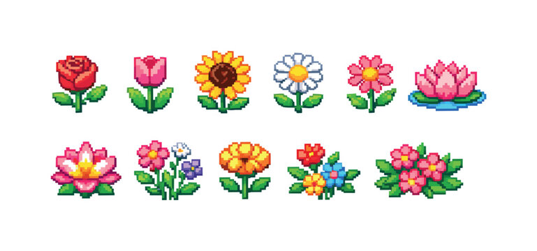 Collection of pixel art flowers in various styles and colors