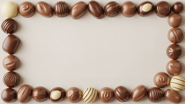 Assorted chocolates arranged as decorative border around light beige background creative sweet dessert frame confection concept