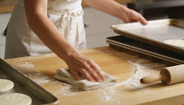 Wiping flour with cloth, baker in light apron spreading flour on workboard, rolling pin and sheets