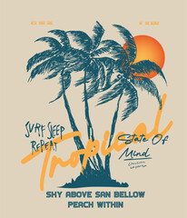 Fototapeta premium Endless Summer Graphics. Hand Drawing Palm tree Under The Sunset . perfect for tee shirt sweatshirt fashion graphic. vintage tee shirt design.