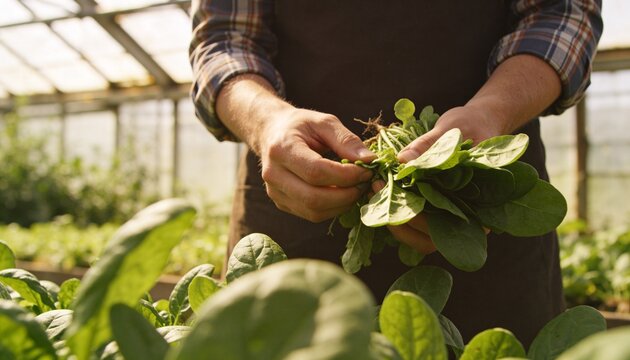 Harvesting gardener wearing plaid shirt, dark apron holding spinach bunch with roots in greenhouse