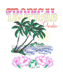 Palm tree Beach Hand Drawing vector illustration. Summer Tee T-shirt Design. Beach Graphics artwork. Girl's Tops for Tropical summer vibes.  Flowers hand prints. Tropical Typography Slogan. © sumonsharif