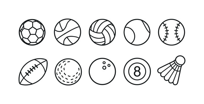 Collection of diverse sport balls and shuttlecock icons in a clean line art style