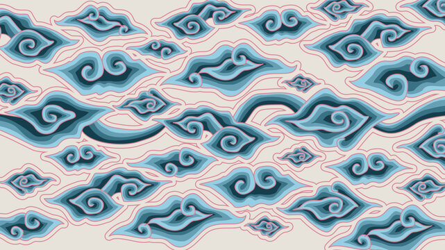 Mega Mendung batik pattern vector background with blue cloud shapes and peach line. Traditional Indonesian ethnic ornament background. Seamless style illustration for cultural design