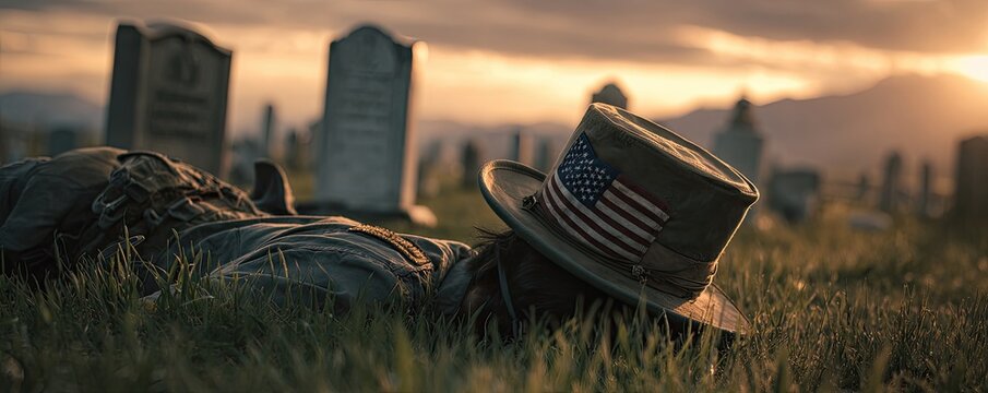 Figure in a graveyard wearing a hat adorned with a national flag, at sunset