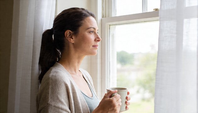Standing woman holding ceramic mug, gazing out double-hung window at home, wearing gray cardigan