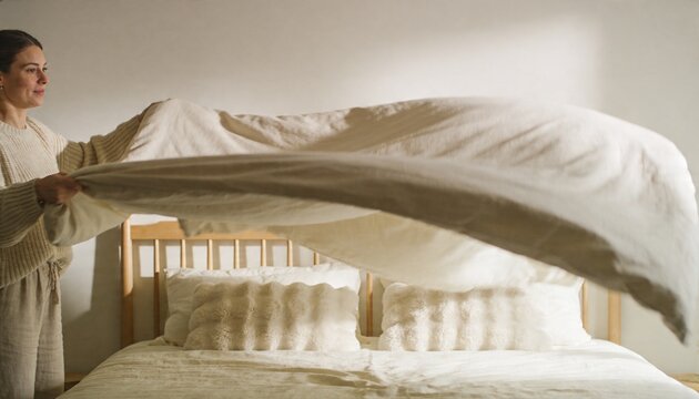 Spreading double duvet over fitted sheet in bedroom, woman wearing cream sweater, slatted headboard
