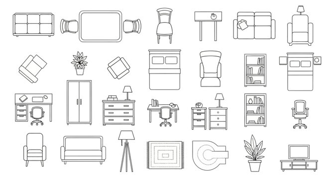 Collection of Furniture Icons in Top Down and Front View.