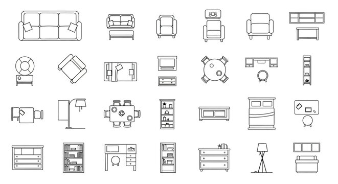 Collection of furniture line art icons for interior design and architecture.