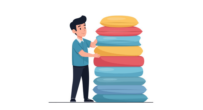 Man stacking colorful donut treats high.