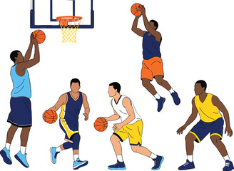 Basketball Player Action Set with Dunk, Dribble, and Shooting Poses for Sports Illustrations, Graphic Design, and Digital Media © sumi