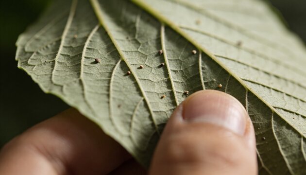 Holding single broad leaf, fingertip pinching edge, showing raised veins and brown galls in garden