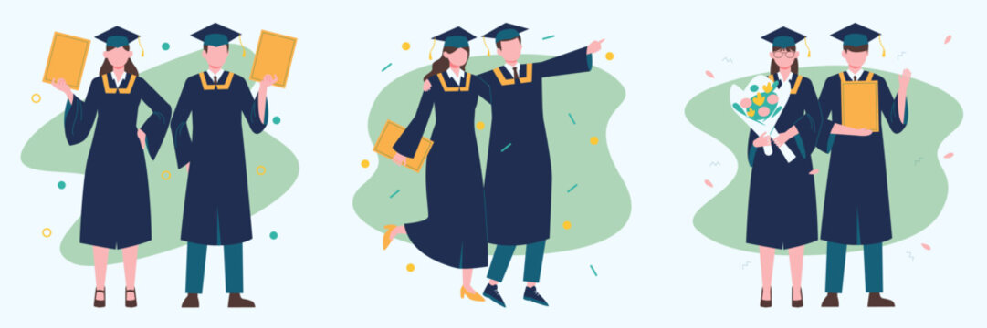 Graduation ceremony flat vector illustration set, happy students in academic gowns and mortarboards, college graduates holding diplomas and flowers