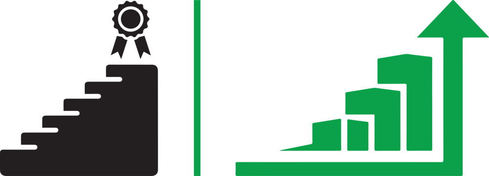Vector icons of stairs with an award ribbon and a rising bar chart with an arrow. Representing business growth, career advancement, and achievement