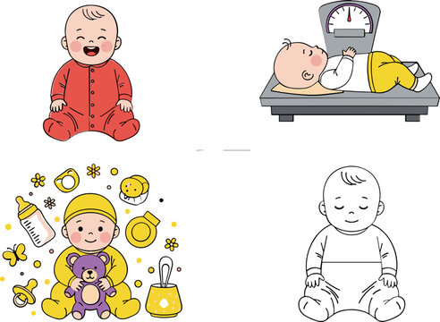 Baby Growth and Development Stages Collection with Infant Activities Sleeping Crying Playing and Measuring Weight, Newborn Care Cartoon Vector Illustration Set